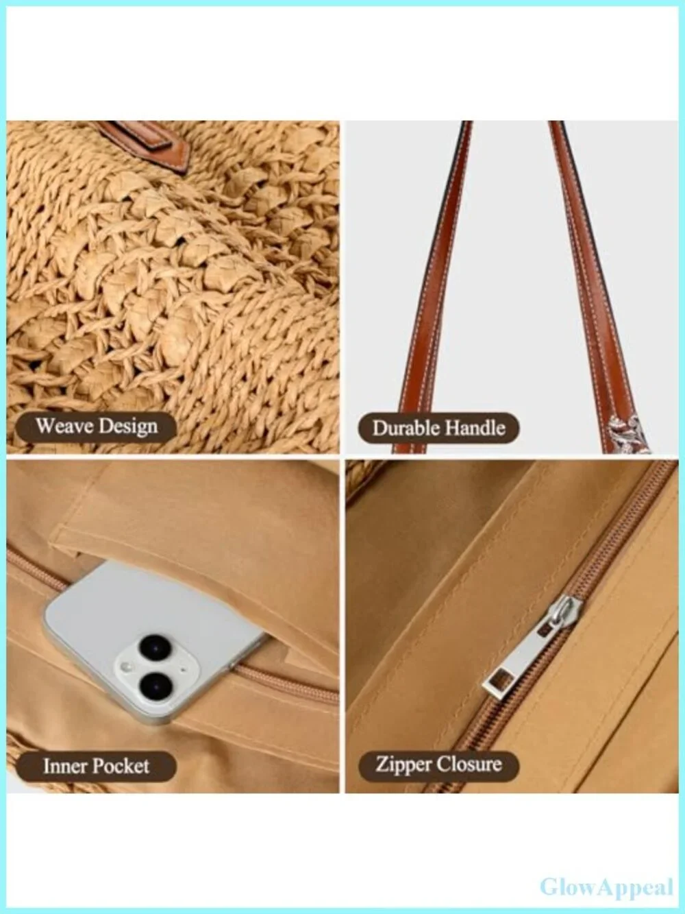 Woven Straw Tote Bag Summer Beach Bag Large Capacity Zipper Closure